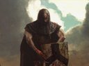 fantasy art warrior contemplating after a battle, sword, shield