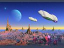 Alien spaceships fly above surface of a desert landscape