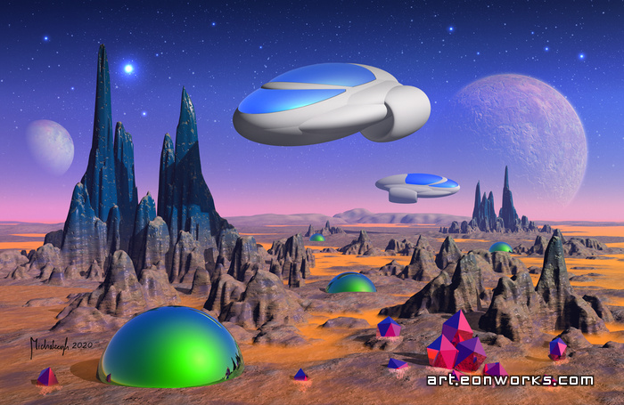 Two spaceships explore a desert on another planet