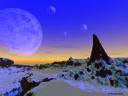 80s arctic dawn landscape with moons