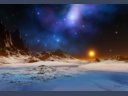 A sunset in a snowy space vista with a nebula
