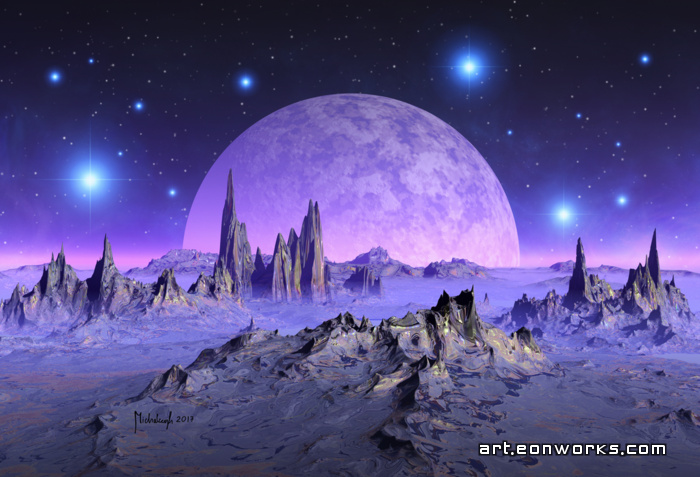 space landscape with big blue stars and a big moon