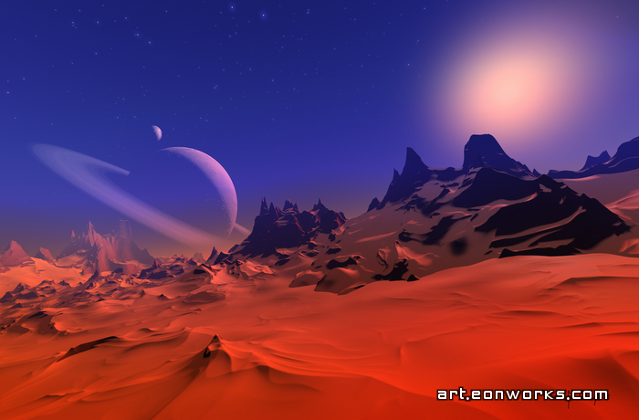 retro space scene on a red snow planet