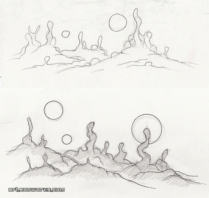 graphite and ink space landscape sketch