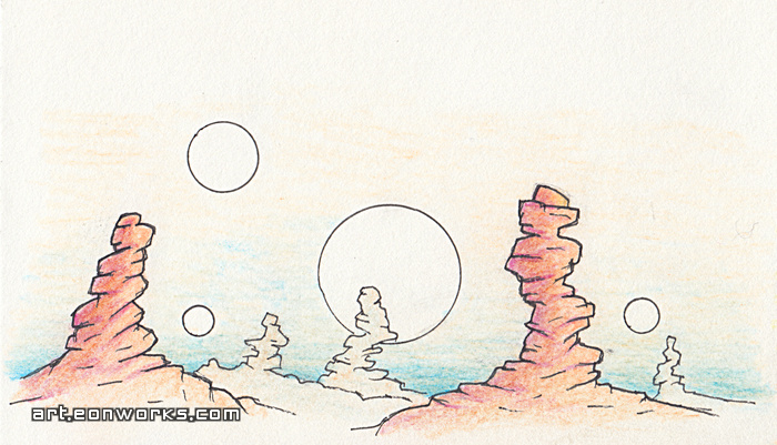 rocky desert landscape sketch with planets