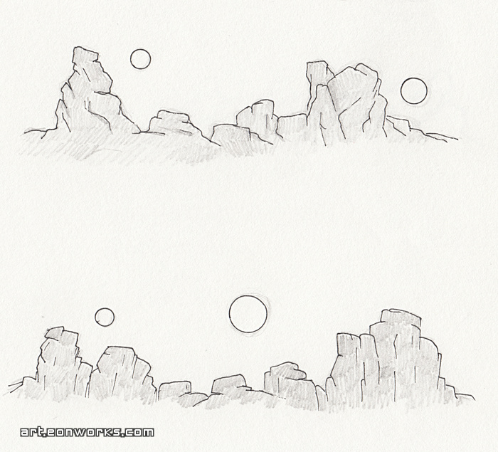 rocky outcrop graphite and ink sketch