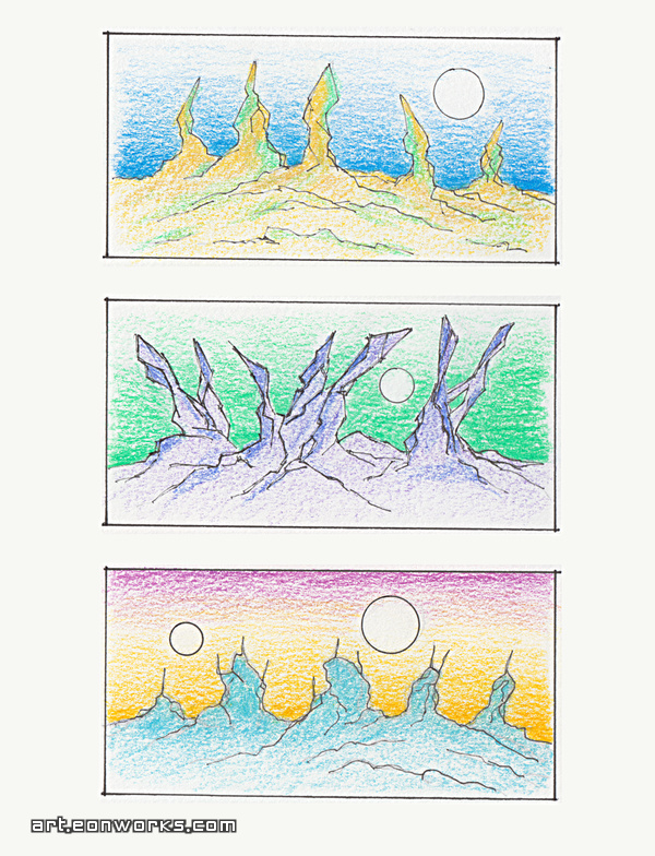 space landscape sketches in colored pencil and ink