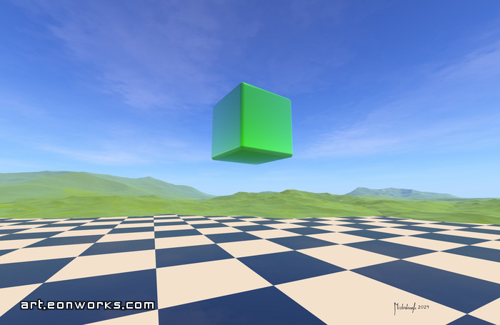 a green cube hovers above a checkboard with a green landscape in the background