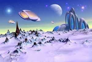 Alien scouts fly away from their base over a snowy landscape