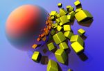 sphere and green cubes in abstract motion